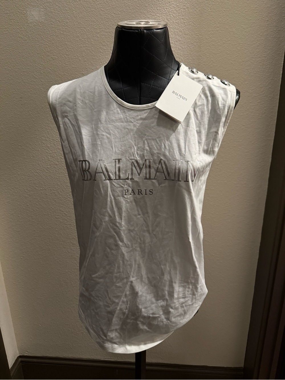 Balmain White Logo Button-Shoulder Tank